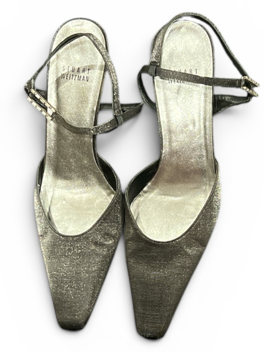 119 Stuart Weitzman Metallic Silver Pointed Slingback Heels With Bling 7.5